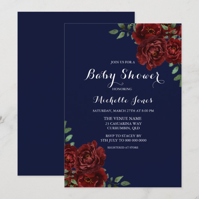 Romantic Navy & Red Rose Floral Baby Shower Invitation (Front/Back)
