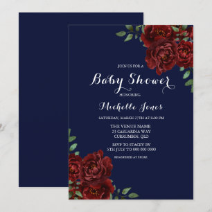 Romantic Navy & Red Rose Floral Baby Shower Invitation
