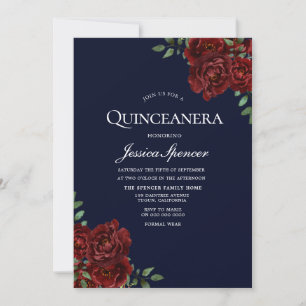 Romantic Navy & Red Rose Quinceanera Invite