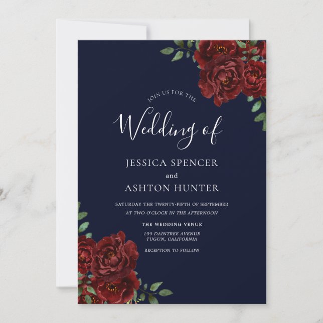 Romantic Navy & Red Rose Wedding Invite (Front)