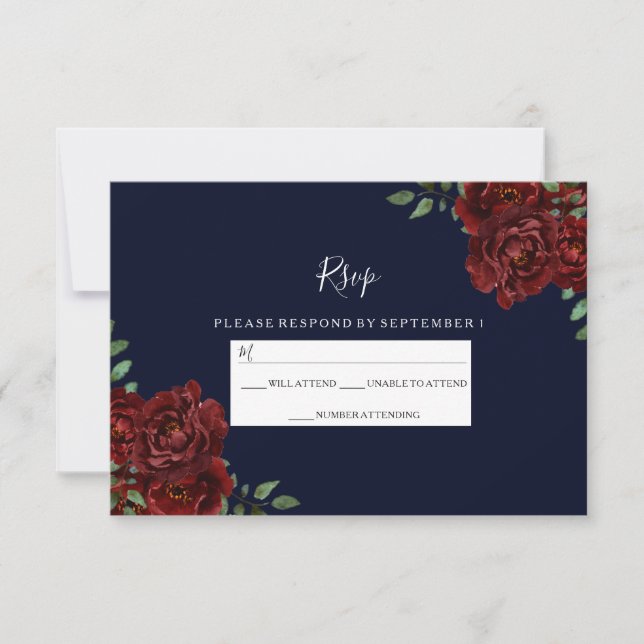 Romantic Navy & Red Rose Wedding RSVP (Front)