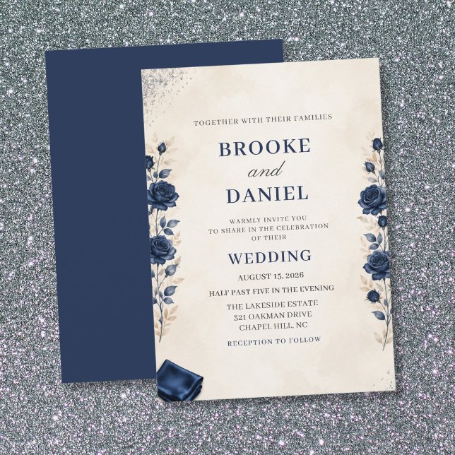 Romantic Navy Rose Cloth Edge Glitter Wedding Invitation (Creator Uploaded)