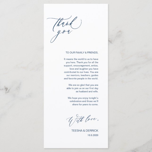 Romantic Navy  Script Place Setting Thank You Card (Front)