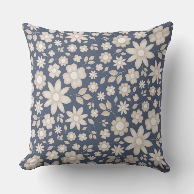 Romantic Navy Watercolor Floral Pattern Cushion (Front)