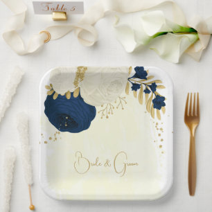Romantic navy & white flowers gold paper plate