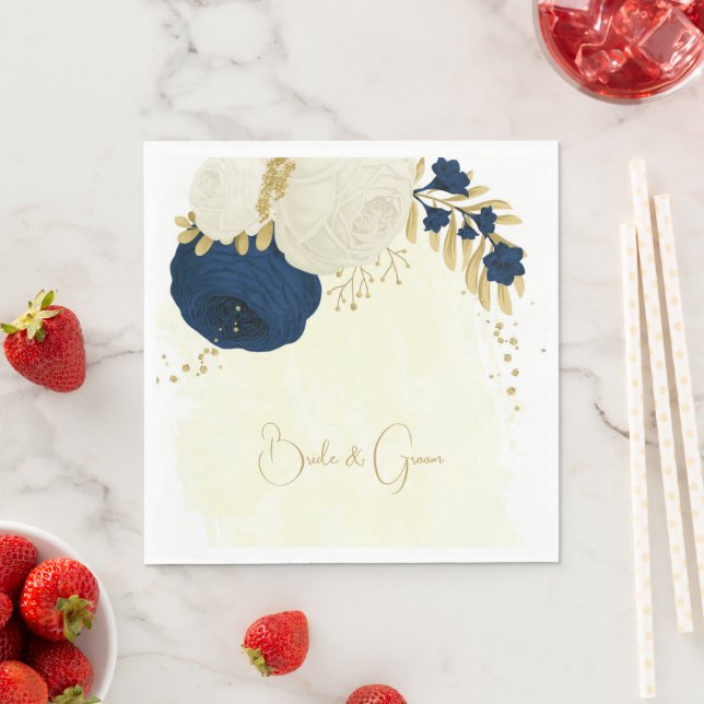 Romantic navy & white flowers gold wedding napkin (Insitu)