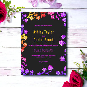 Romantic Neon Colours Roses Glow Floral Wedding Invitation