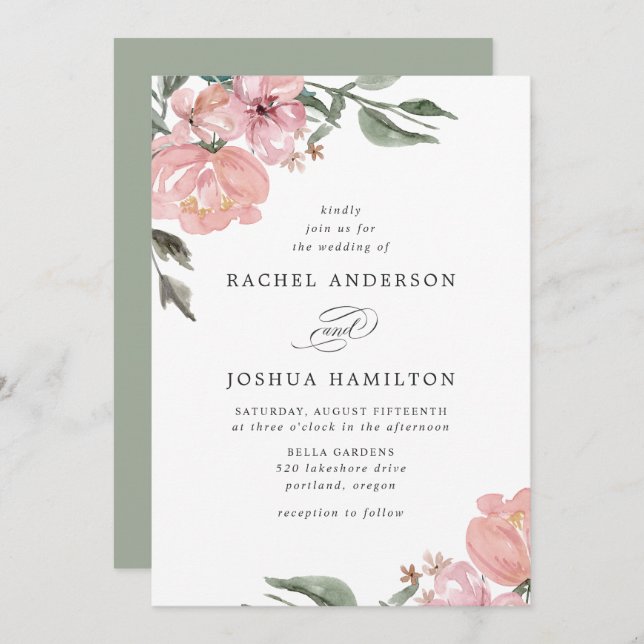 Romantic Neutral Blush Watercolor Floral | Wedding Invitation (Front/Back)