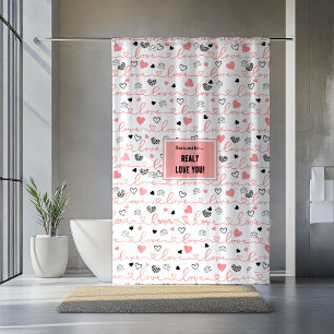 Romantic Newlywed Shower Curtain Pink Black Hearts