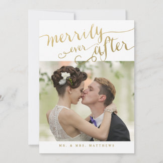 Romantic Newlyweds Gold Script Holiday Photo Card