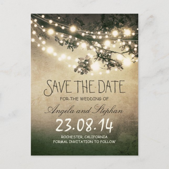 romantic night lights rustic save the date announcement postcard (Front)