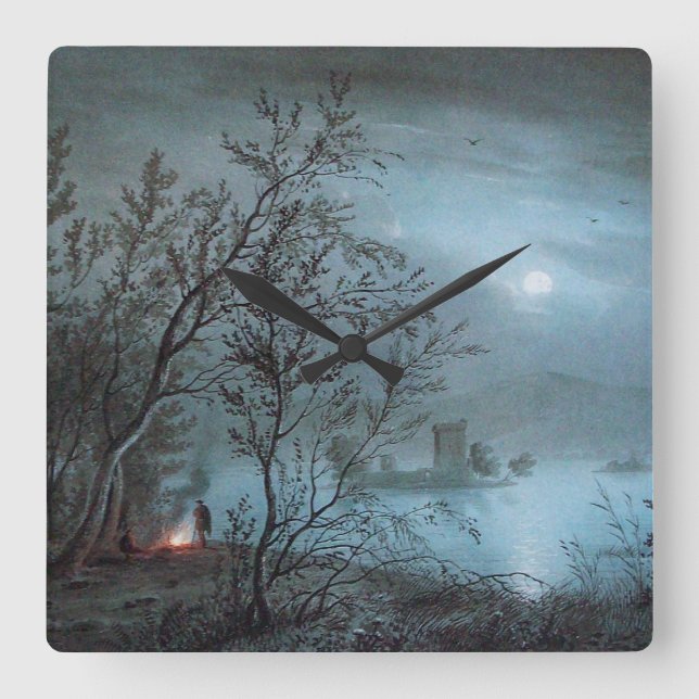 ROMANTIC NOCTURNE LANDSCAPE IN BLUE SQUARE WALL CLOCK (Front)