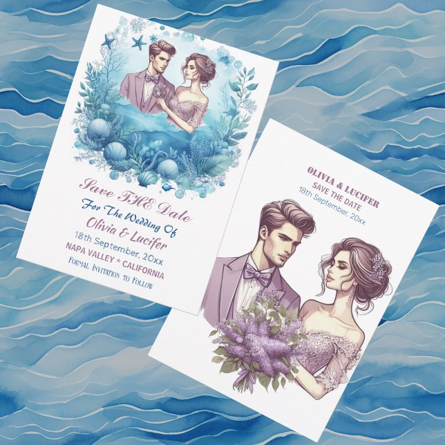 Romantic Ocean Wave Purple Blue Starfish Shellfish Save The Date (Romantic Ocean Wave Purple Blue Starfish Shellfish Save The Date)