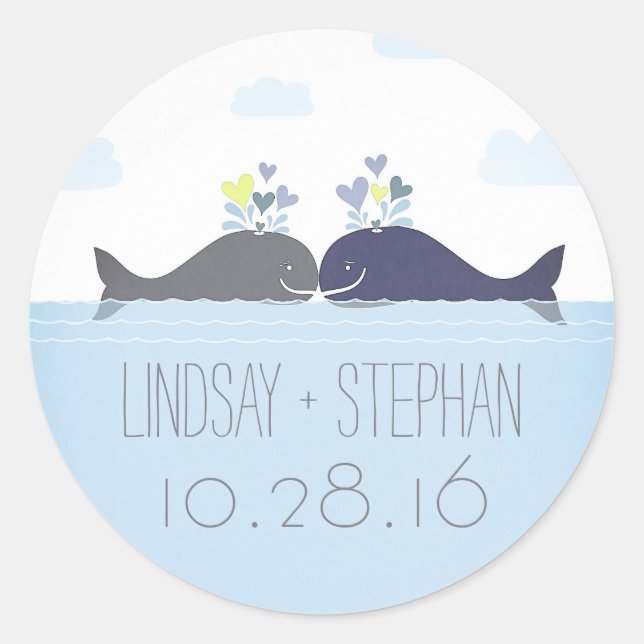Romantic Ocean Whale Couple Wedding Classic Round Sticker (Front)