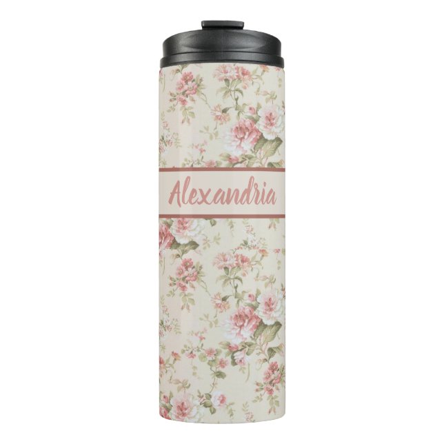 Romantic Old Fashioned Roses Print Monogrammed   Thermal Tumbler (Front)