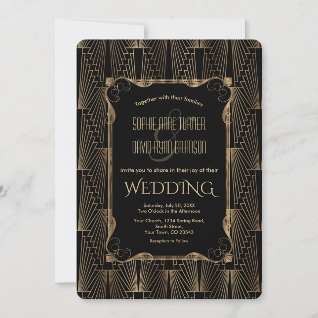 Romantic Old Hollywood Black Great Gatsby Wedding Invitation (Front)