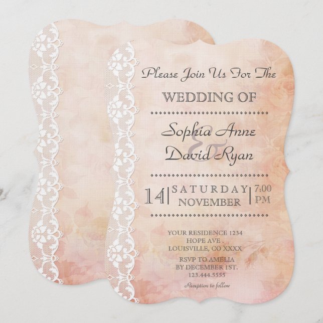 Romantic Old Paper With Roses and Lace Wedding Invitation (Front/Back)