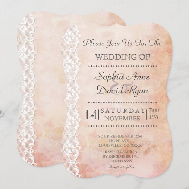 Romantic Old Paper With Roses and Lace Wedding Invitation (Front/Back)