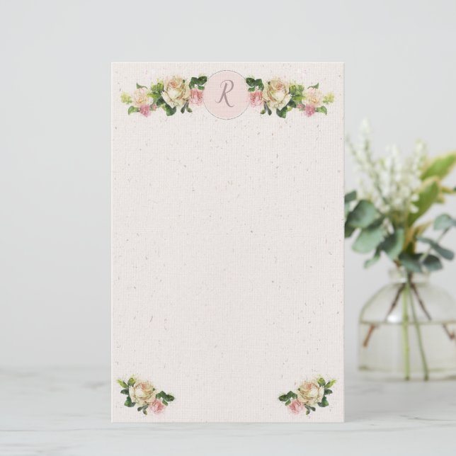 Romantic Old Roses Monogram Stationery (Standing Front)
