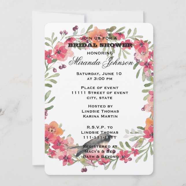 Romantic Oleander Bird Pink Floral Bridal Shower Invitation (Front)
