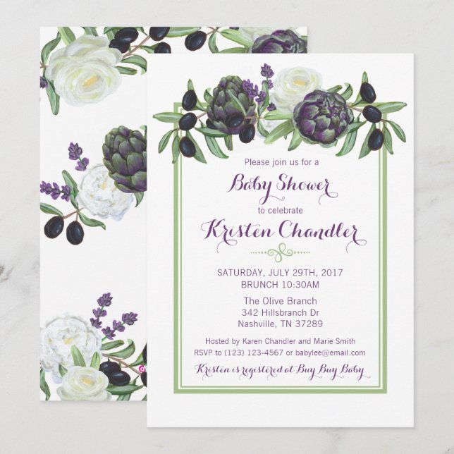 Romantic Olives Artichoke Floral Gardenia Garden Invitation (Front/Back)