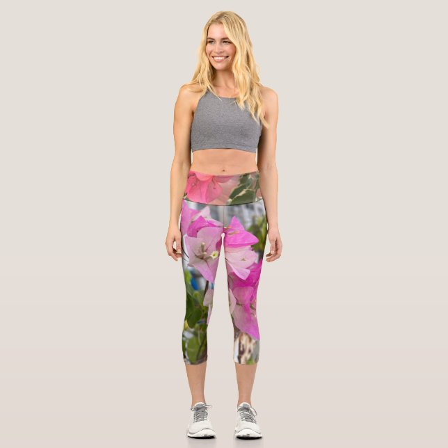 romantic ombre pink bougainvillea or paper flower capri leggings (Front)