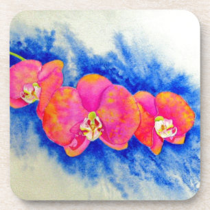 Romantic orange pink watercolor orchid painting coaster