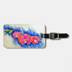 Romantic orange pink watercolor orchid painting luggage tag