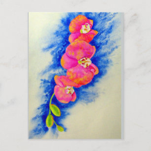 Romantic orange pink watercolor orchid painting  postcard