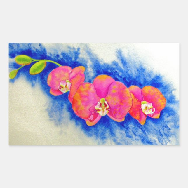 Romantic orange pink watercolor orchid painting  rectangular sticker (Front)