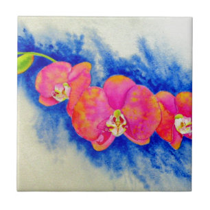 Romantic orange pink watercolor orchid painting tile