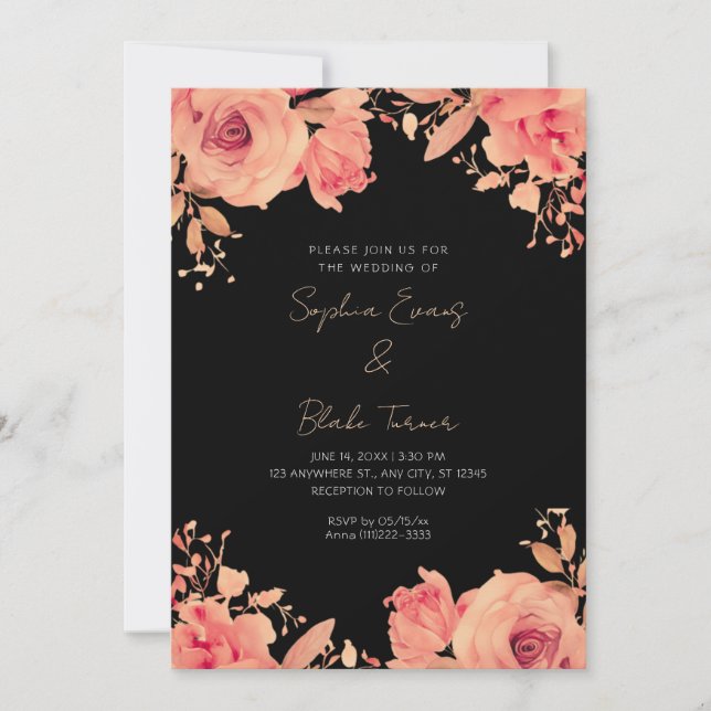 Romantic Orange Roses Summer Black Wedding Invitation (Front)