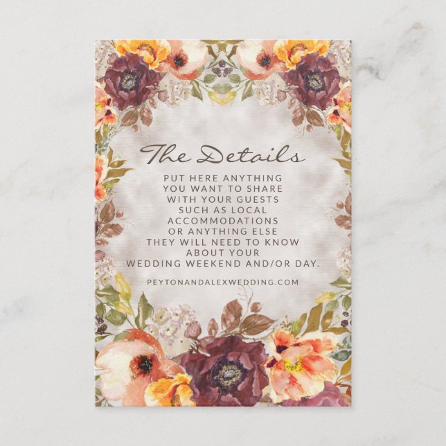 Romantic Orange Rust Cream Autumn Floral Details Enclosure Card (Front)