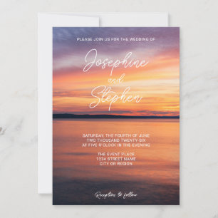Romantic Orange Sunset Over Lake Serene Wedding Invitation