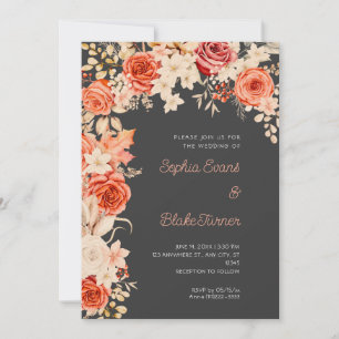 Romantic Orange & White Roses Shadow Grey Wedding Invitation