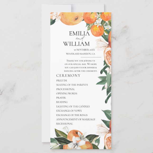 Romantic Oranges Wedding Ceremony Program (Front)