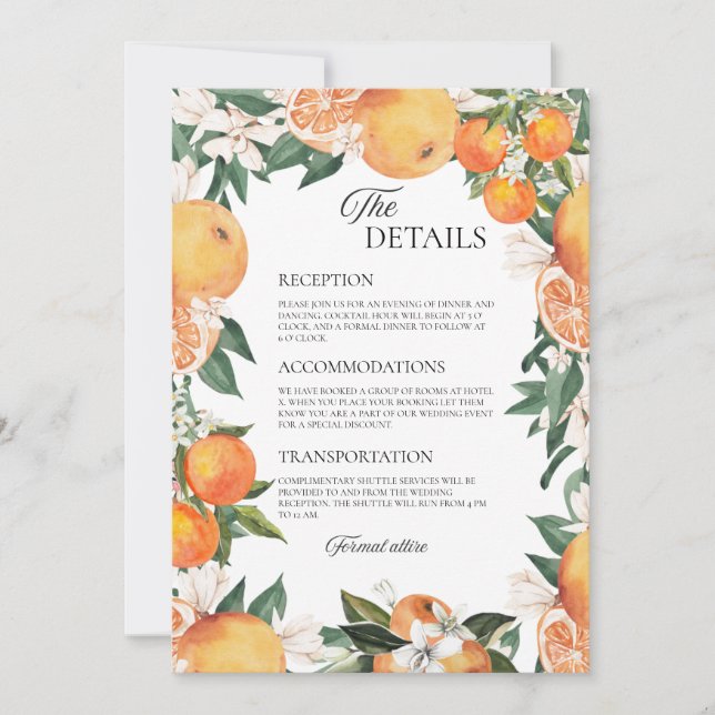 Romantic Oranges Wedding Details Enclosure Card (Front)