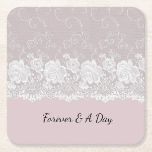 Romantic Orchid Pink White Lace Floral Wedding Square Paper Coaster
