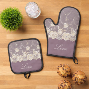 Romantic Orchid Purple Floral Love Oven Mitt & Pot Holder Set