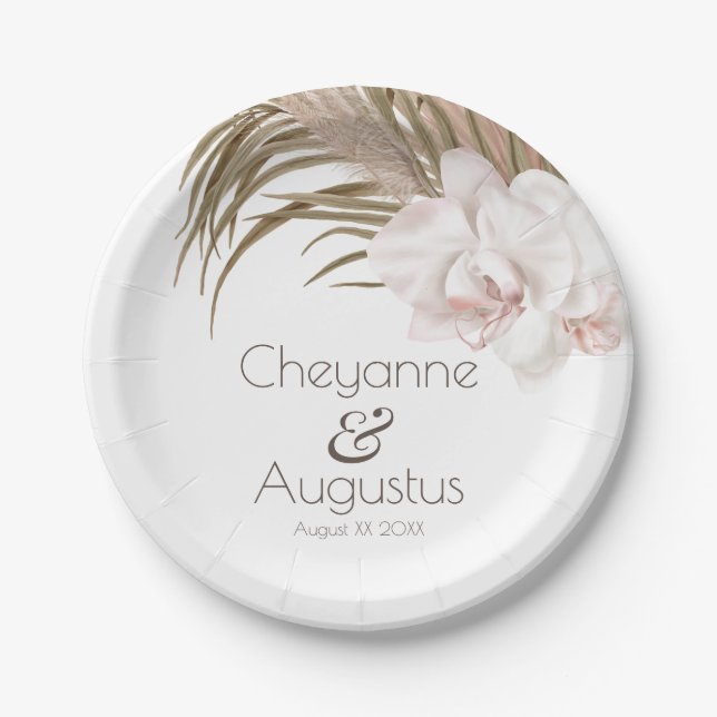 Romantic Orchids and Pampas Grass Wedding Paper Plate (Front)