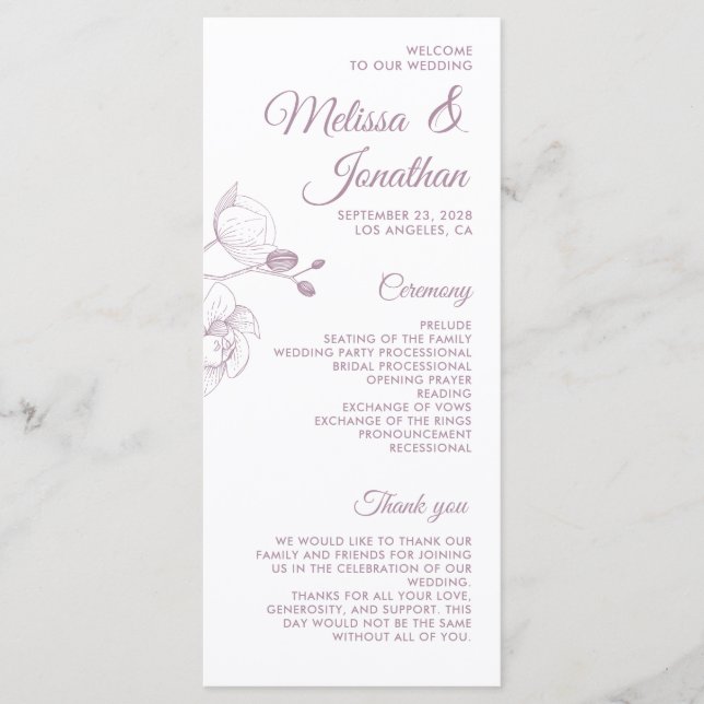 Romantic orchids elegant modern wedding program menu (Front)