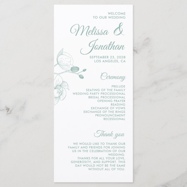 Romantic orchids elegant modern wedding program menu (Front)