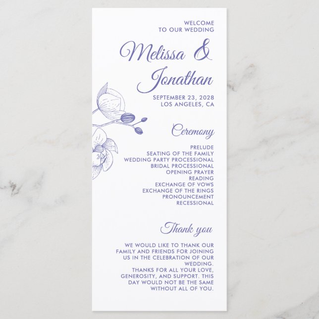 Romantic orchids elegant modern wedding program menu (Front)