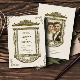 Romantic Ornate Vintage Gold Frame Photo Wedding Invitation