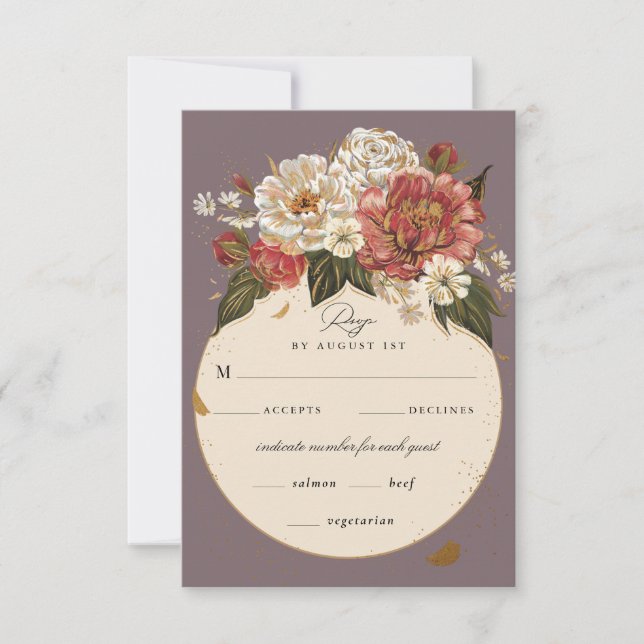 Romantic Painted Floral Wedding Faux Gold RSVP Card (Front)