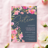 Romantic Painted Pink Floral blue Sweet 16