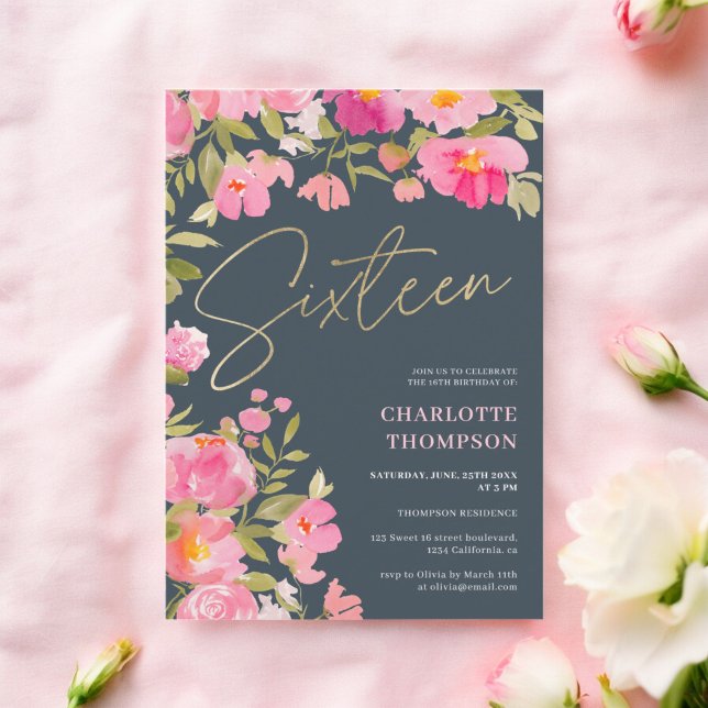 Romantic Painted Pink Floral charcoal Sweet 16 Invitation (Romantic Painted Pink Floral charcoal Sweet 16 Invitation)