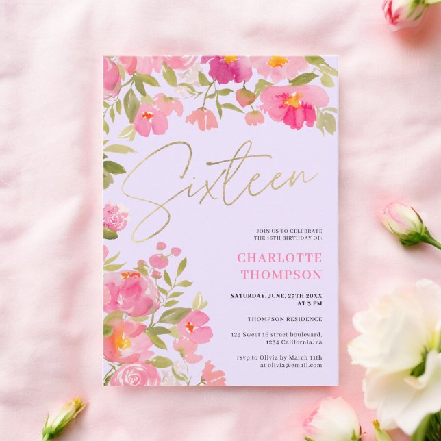 Romantic Painted Pink Floral lavender Sweet 16 Invitation (Romantic Painted Pink Floral lavender Sweet 16 Invitation)