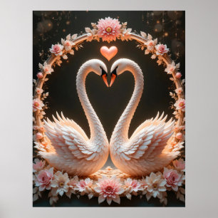 Romantic Pair of Elegant Swans Amid Pink Flowers Poster