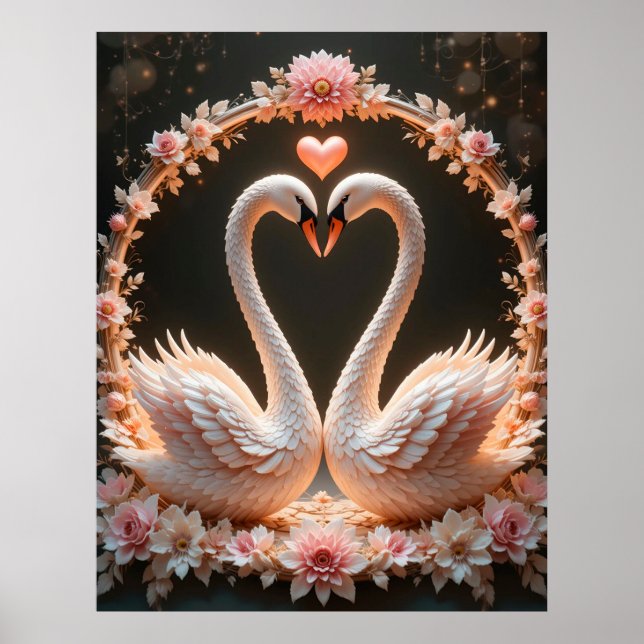 Romantic Pair of Elegant Swans Amid Pink Flowers Poster (Front)